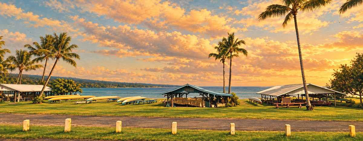 Vintage-style artistic view of Hilo Bay with canoe shelters, outrigger canoes and palms in golden light.