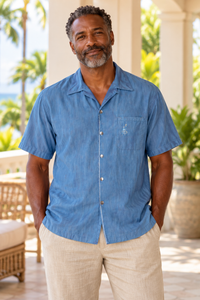 AI-generated styling image of a model wearing this Iolani shirt; see actual product photos for exact details and condition.